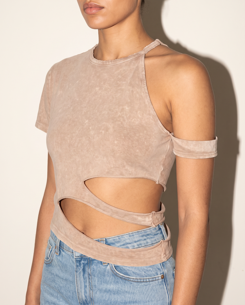 Cutout Detailed Washed T Shirt in Taupe — alternate front view