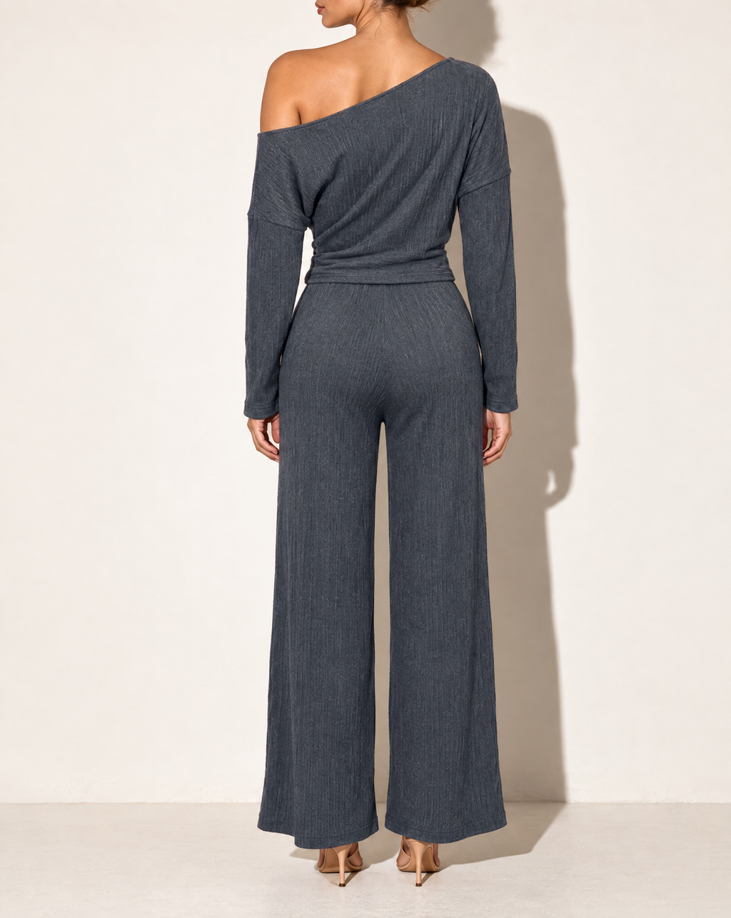 Off Shoulder Long Sleeve Top & Pants Set in Charcoal — back view