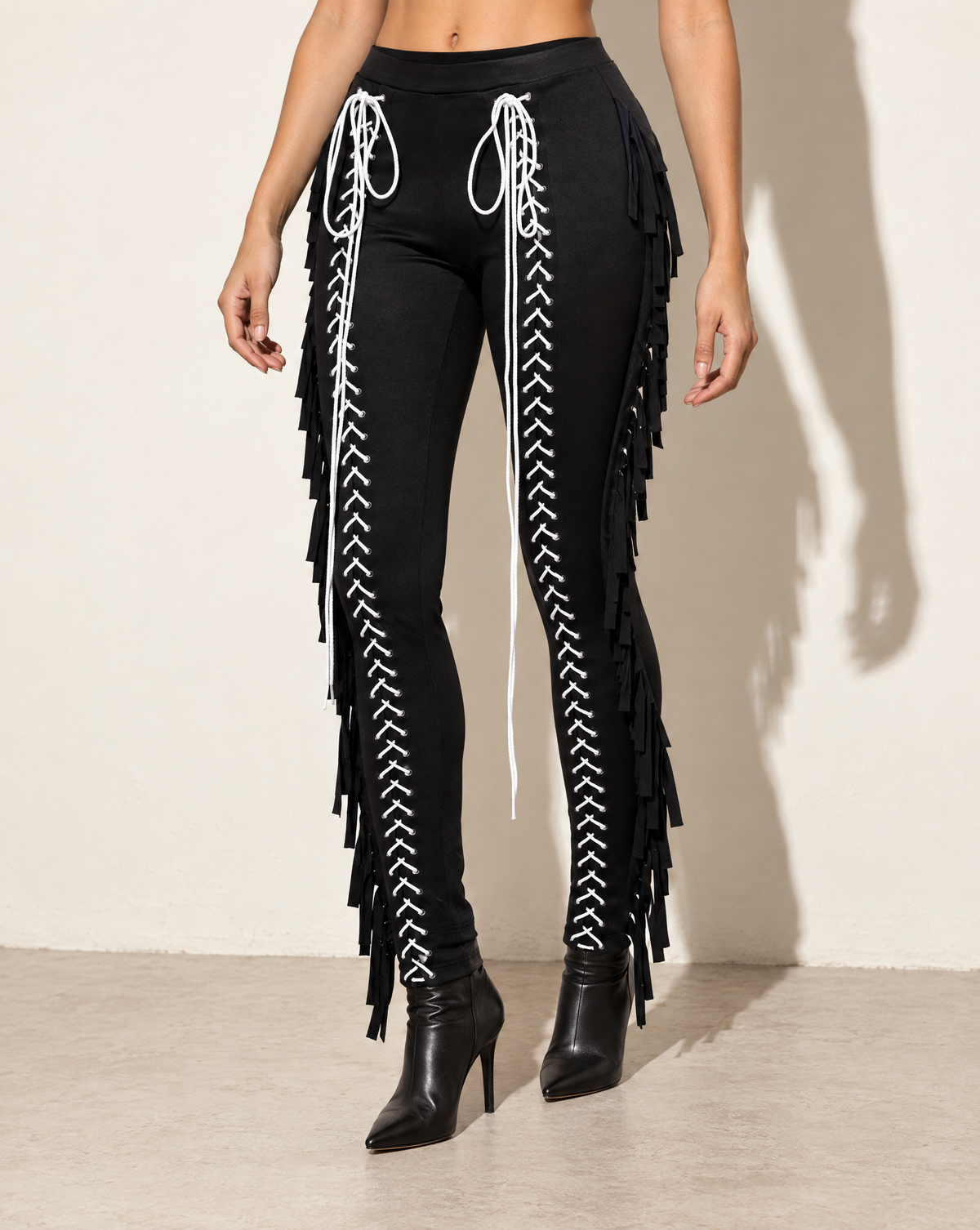 Lace Up Detailed Fringe Pants in Black — alternate front view