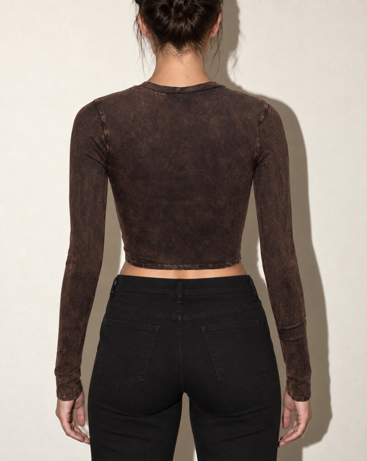 Washed Fringe Front Detailed Long Sleeve Top in DK BROWN — back view