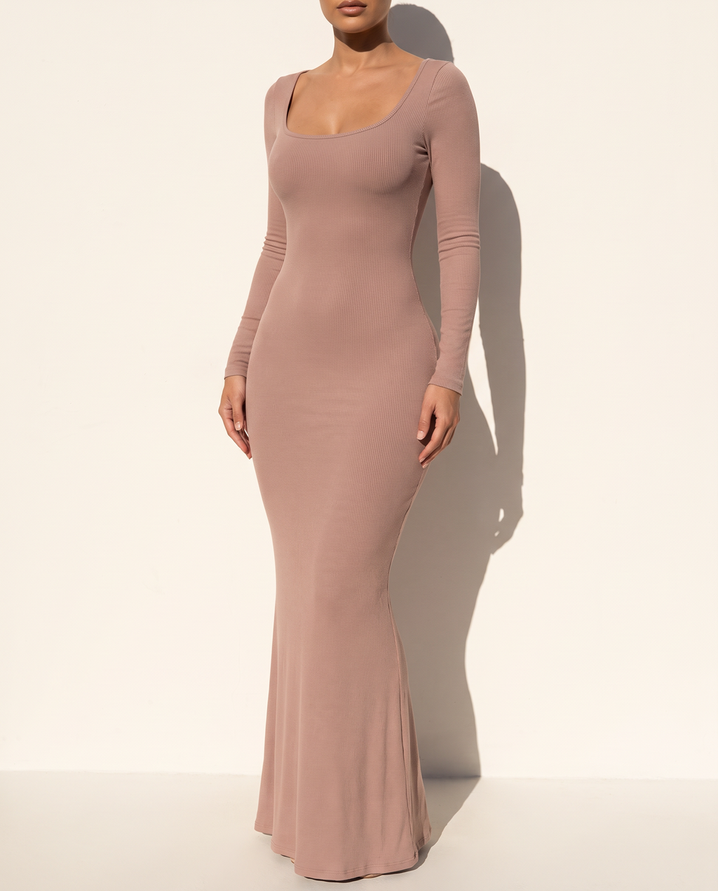 Scoop Neck Long Sleeve Mermaid Maxi Dress in Taupe — alternate front view