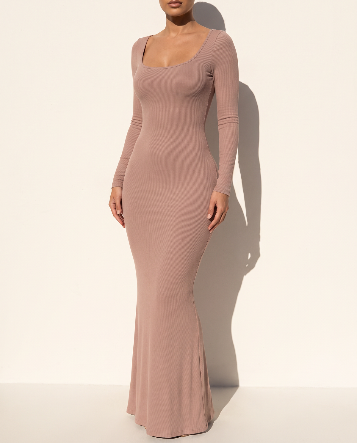 Scoop Neck Long Sleeve Mermaid Maxi Dress in Taupe — alternate front view