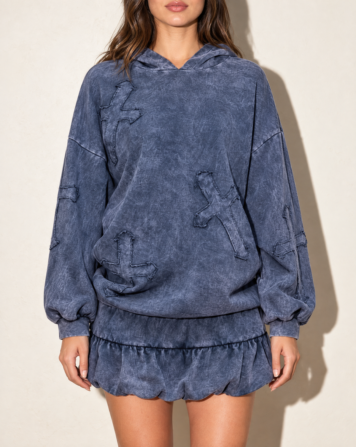 Holy Cross Hoodie & Blessed Bubble Skirt Set in Navy — front view