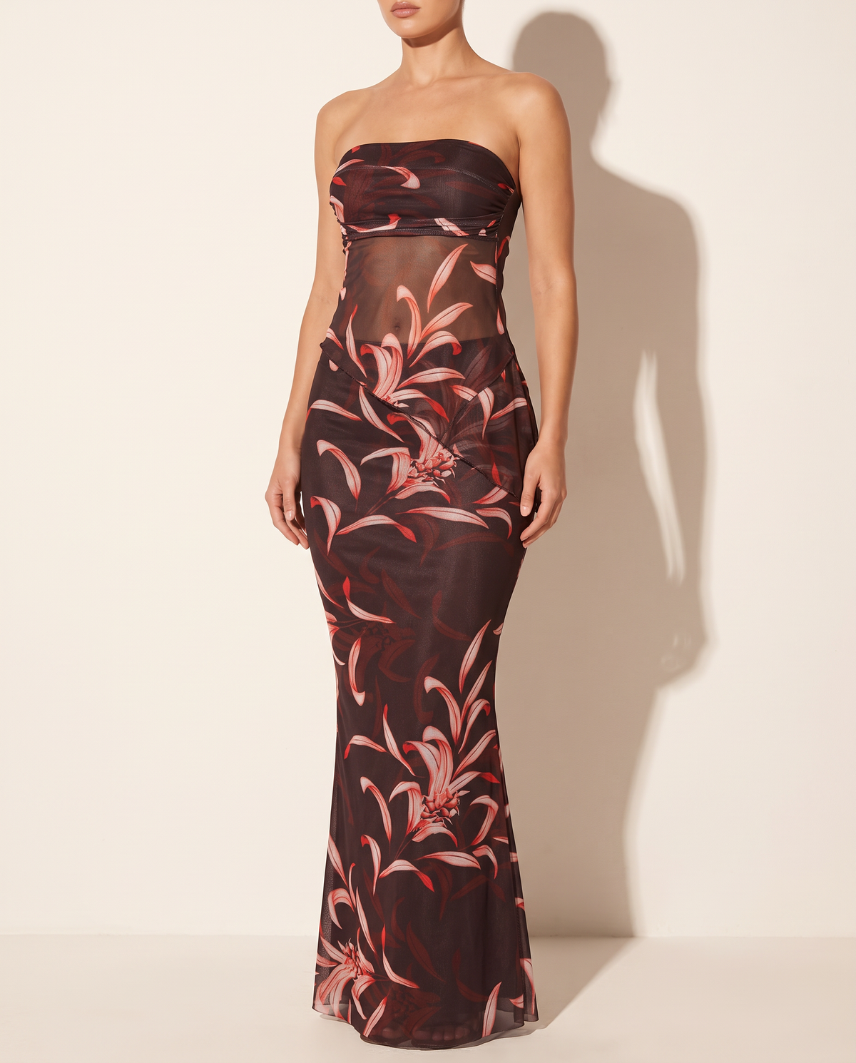 Printed Mesh Tub Top & Maxi Skirt Set in BURG COMBO — alternate front view