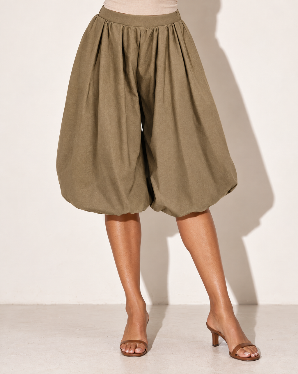 Wide Bubble Hem Capri Pants in LT MOCHA — alternate front view