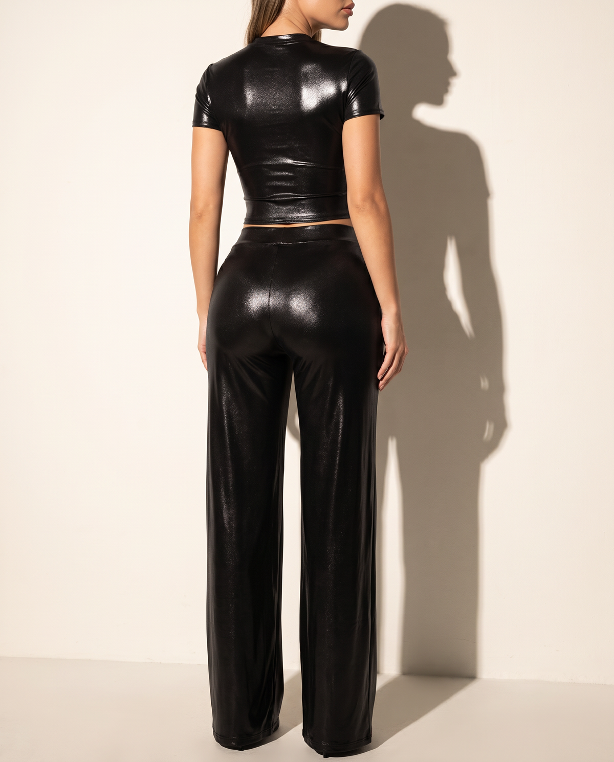 Crop Top & Wide Leg Pants in Black — back view
