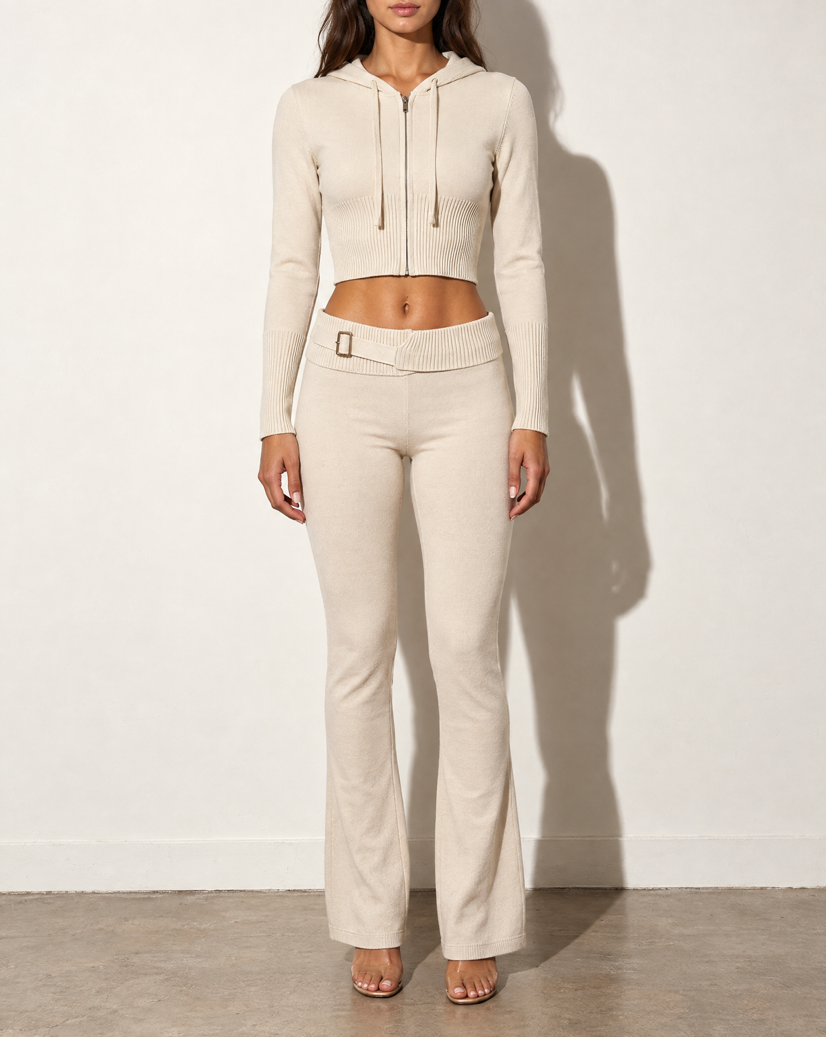 Hoodie Zip Up Top & Pants Set in Ivory — front view