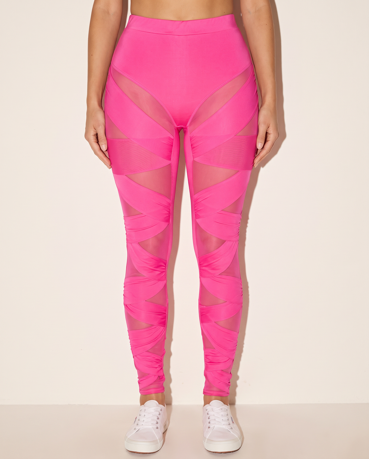 Criss Cross Mesh Leggings in HOT PINK — front view
