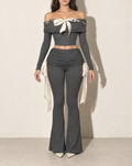 Off Shoulder Ribbon Trim Detailed Top & Pants Set in Charcoal — front view