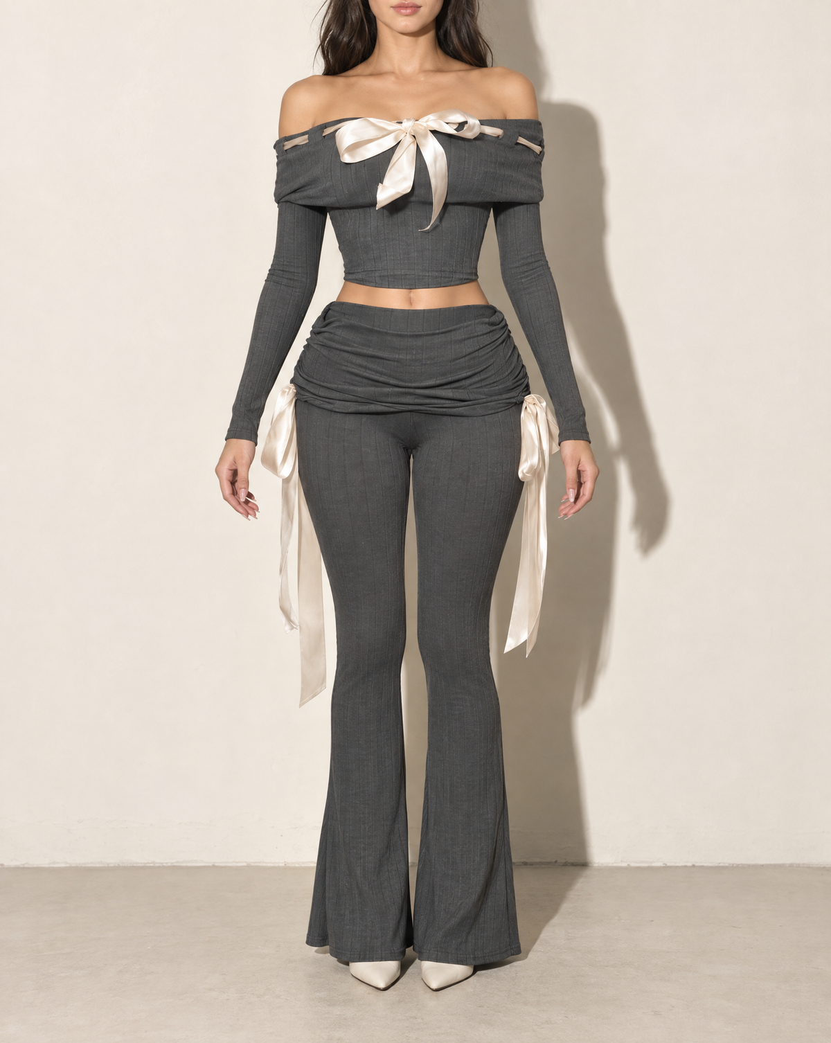 Off Shoulder Ribbon Trim Detailed Top & Pants Set in Charcoal — front view