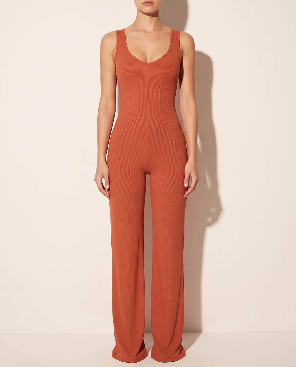 Sleeveless Wide Leg Jumpsuit in BAKED CLAY — front view