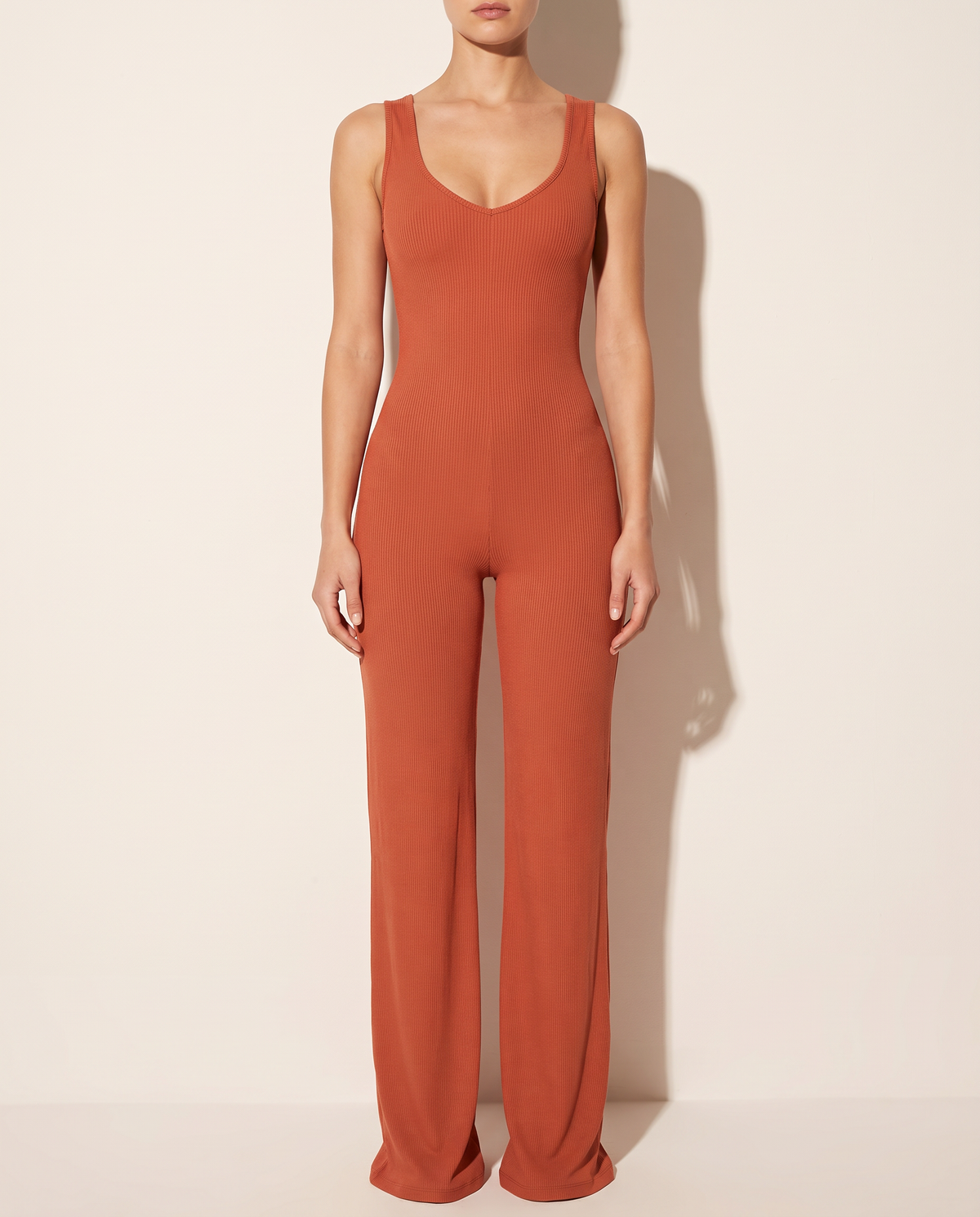 Sleeveless Wide Leg Jumpsuit in BAKED CLAY — front view