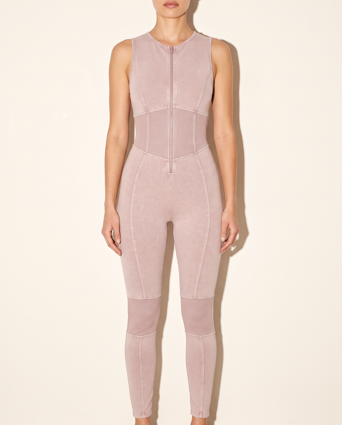Mineral Washed Sleeveless Jumpsuit in Mauve — front view