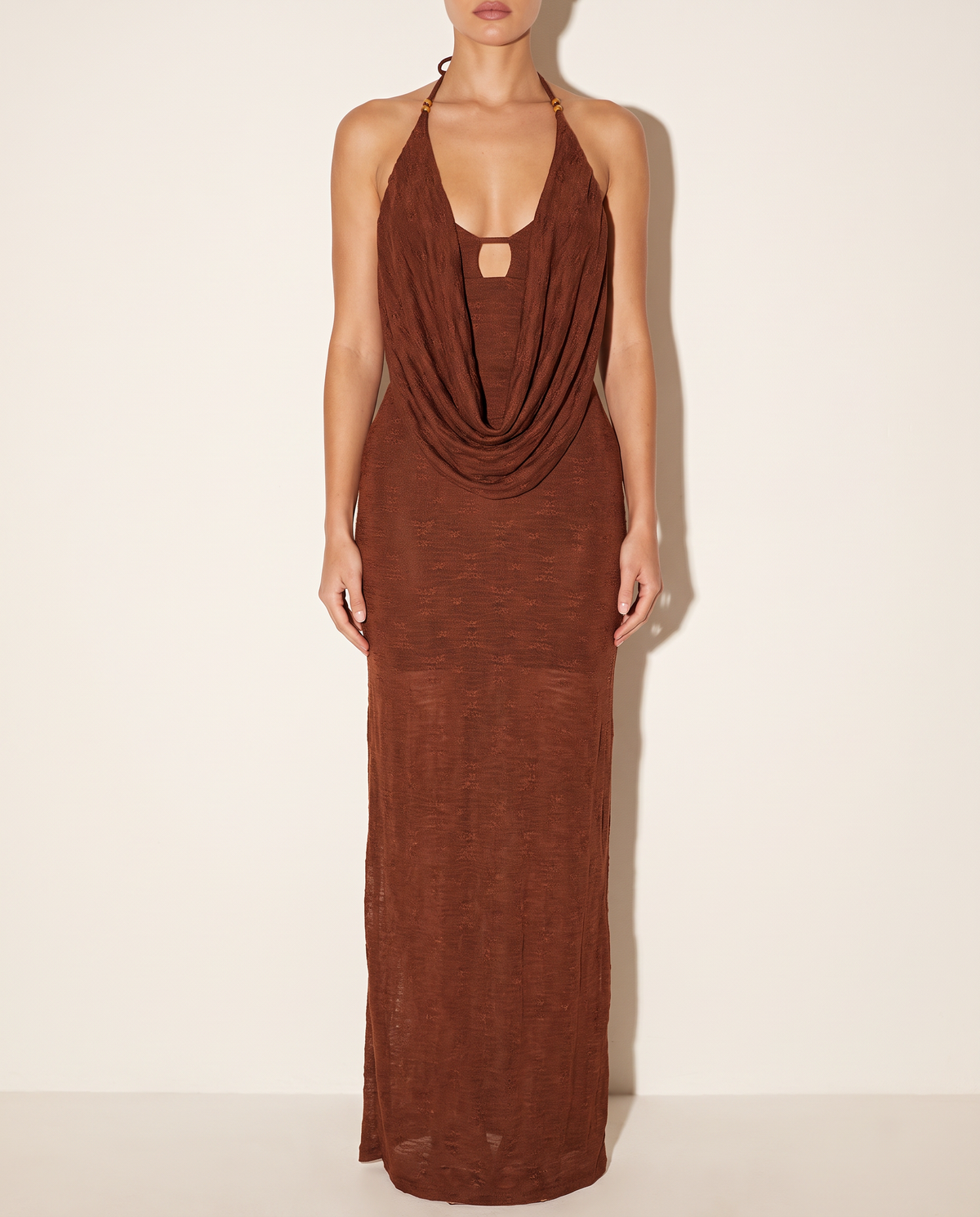 Floral Textured Fabric Cowl Neck Maxi Dress in Brown — front view