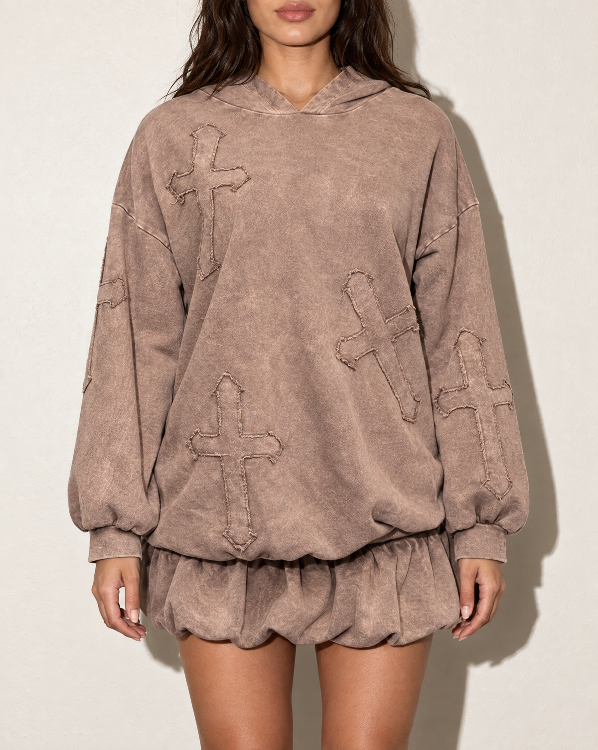 Holy Cross Hoodie & Blessed Bubble Skirt Set in Brown — front view