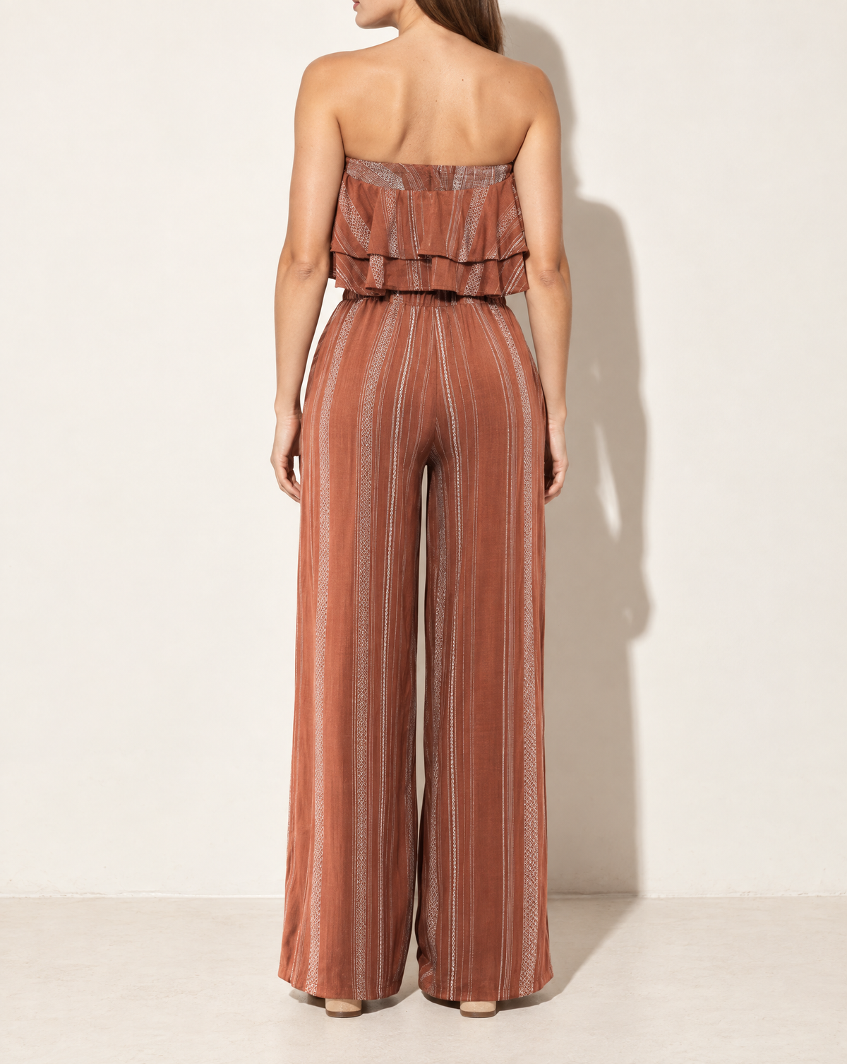 Ruffle Tube Top & Wide Leg Pants Set in BROWN COMBO — back view