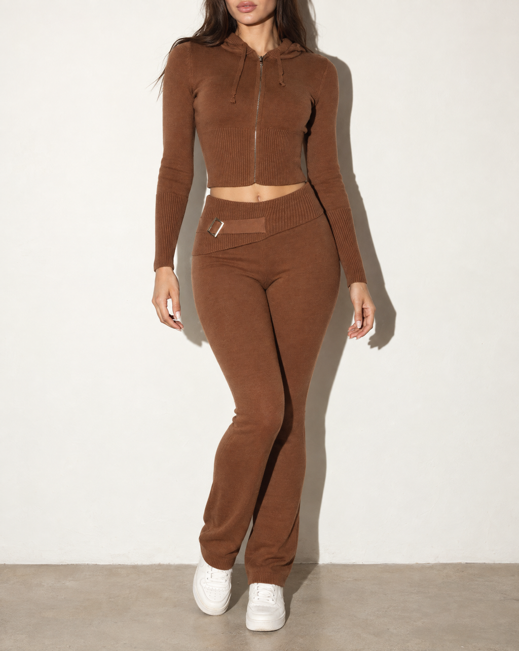Brown hoodie zip up top and pants set, alternate front view on model