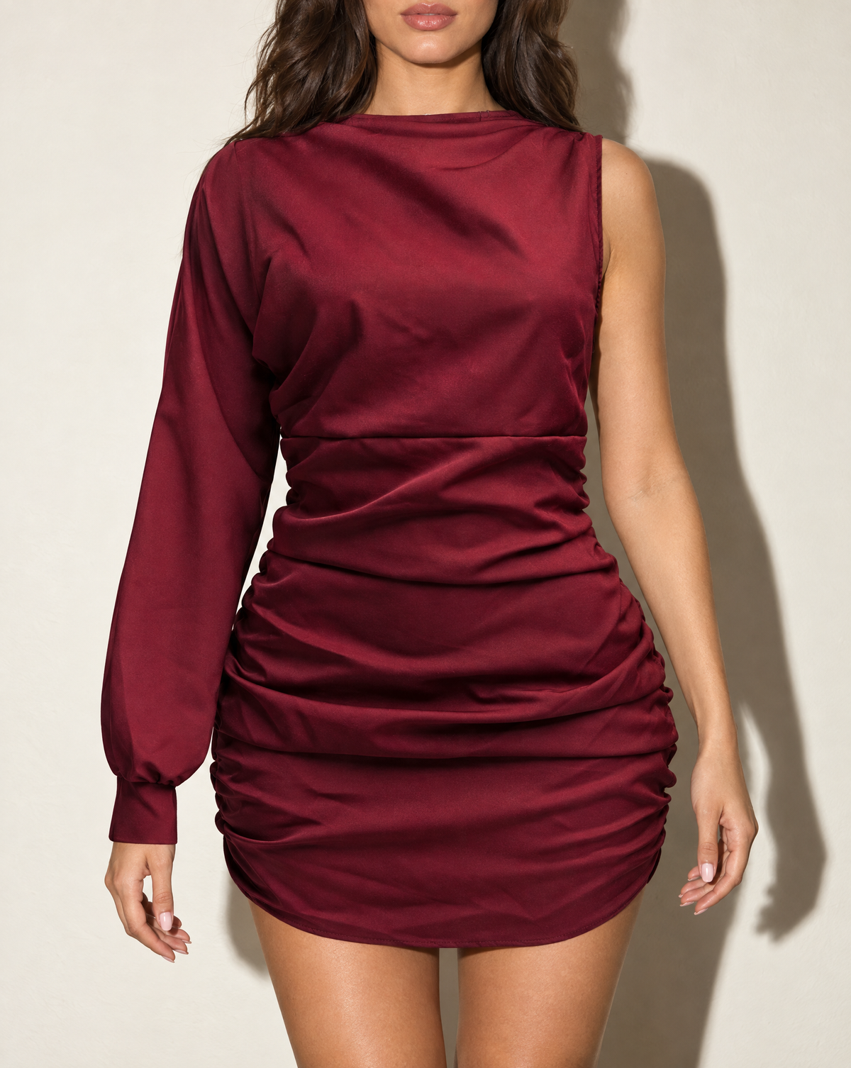 One Sleeve Mini Dress in Burgundy — front view