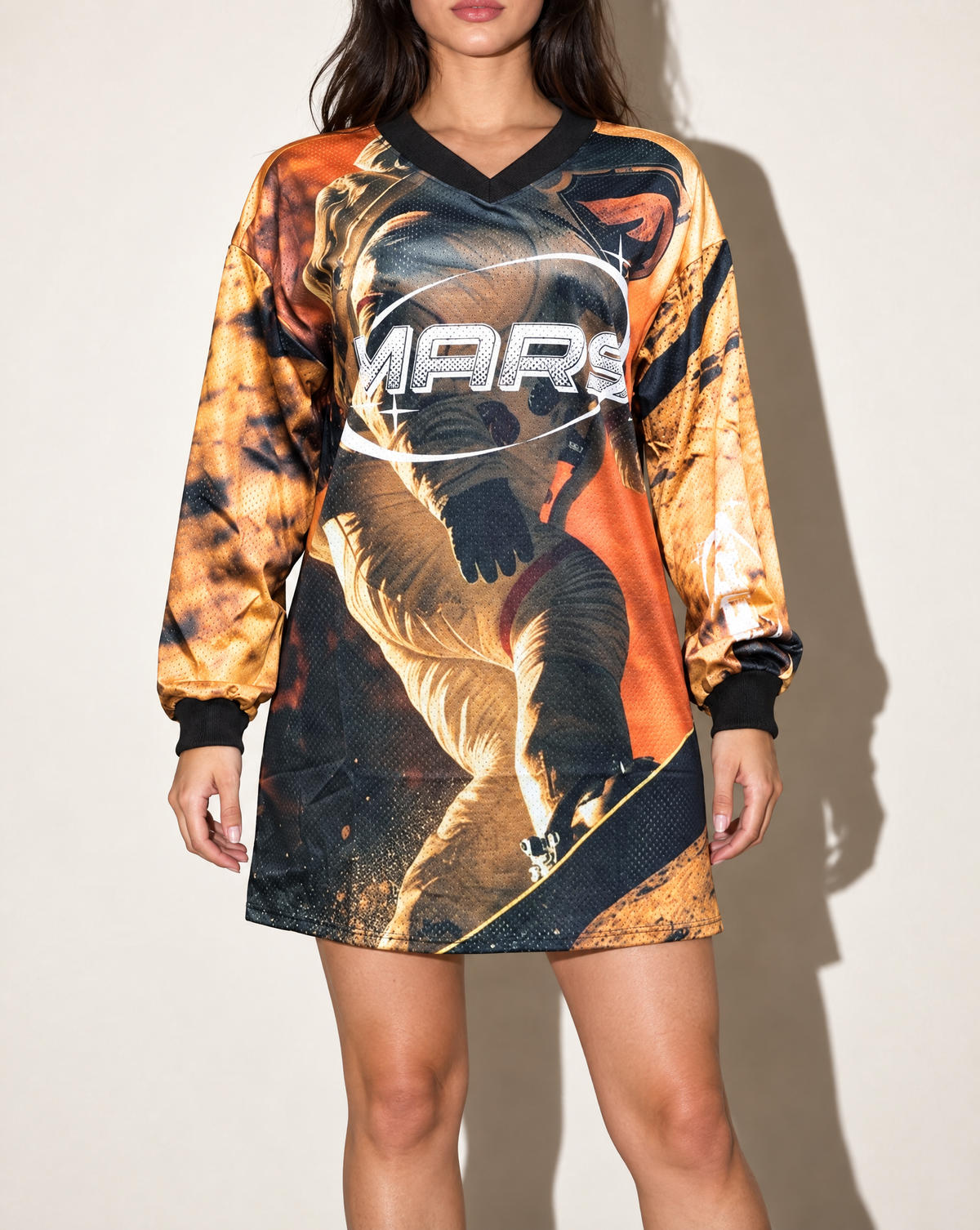 Printed Jersey Mesh Casual Dress in Orange — front view
