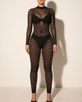 Zipper Back Mesh Contrast Jumpsuit in Black — front view