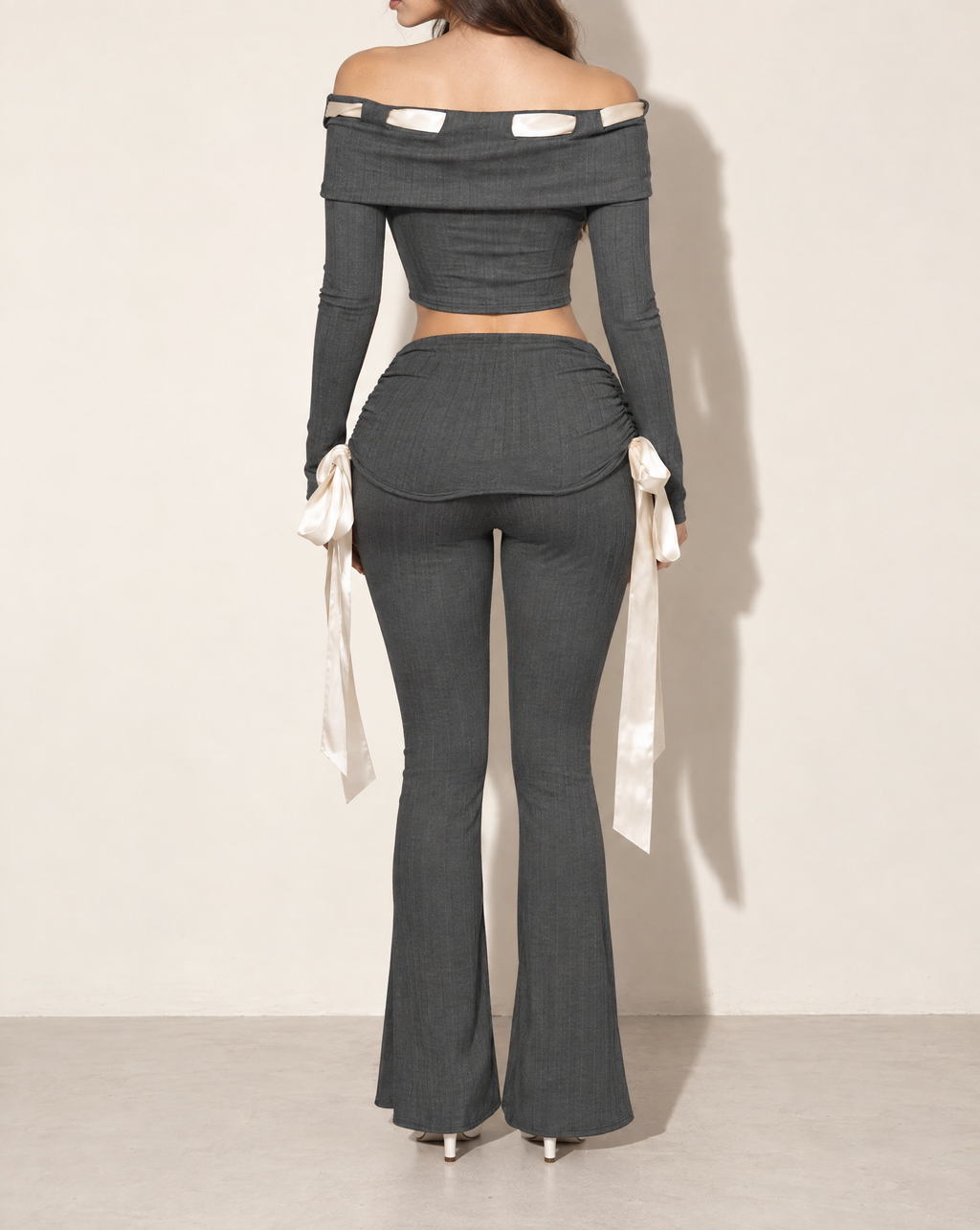 Off Shoulder Ribbon Trim Detailed Top & Pants Set in Charcoal — back view