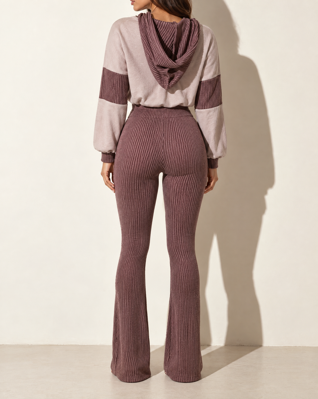 Color Block Hoodie & Flare Pants Set in BROWN COMBO — back view