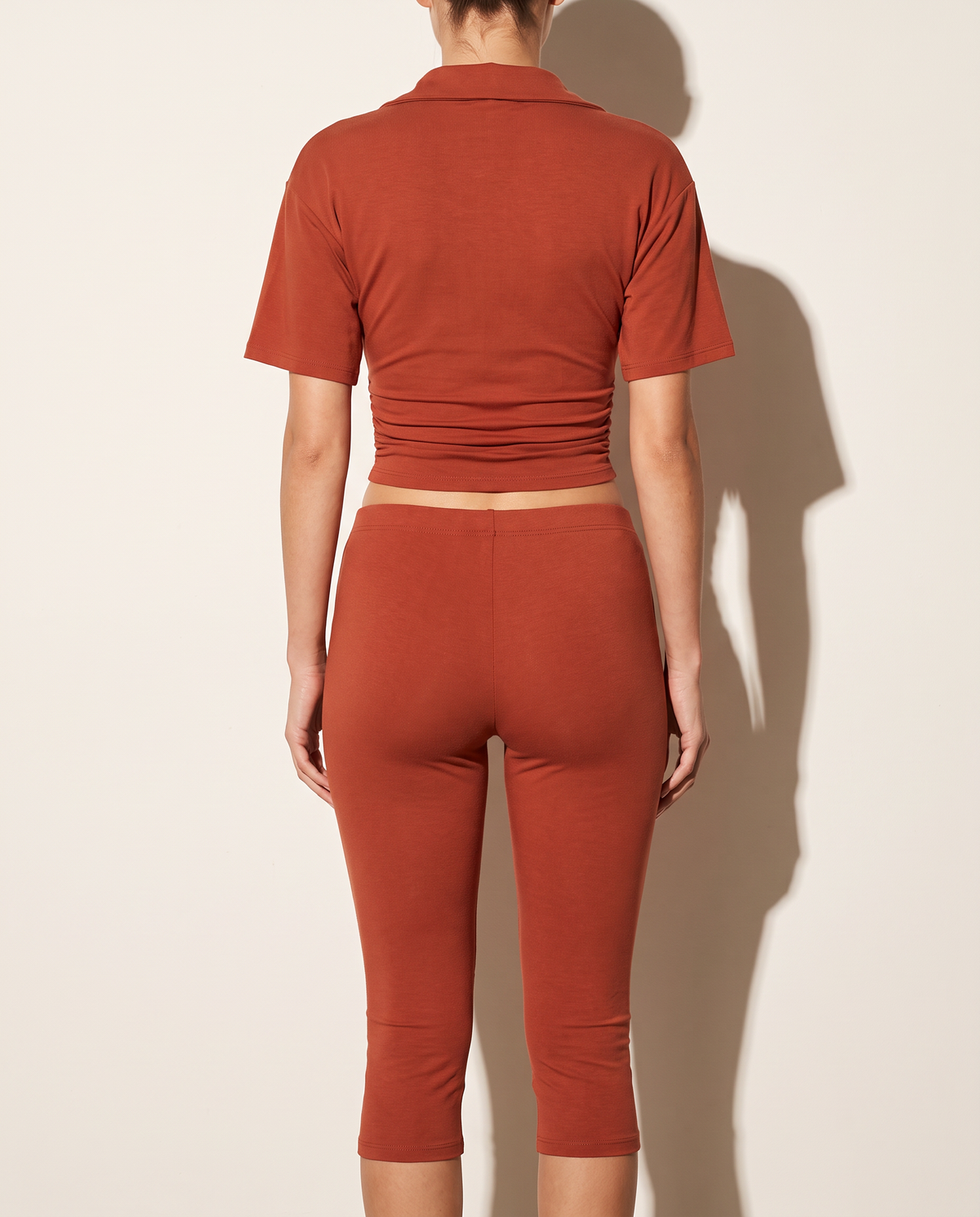 Collar Top & Capri Leggings Set in Rust — back view