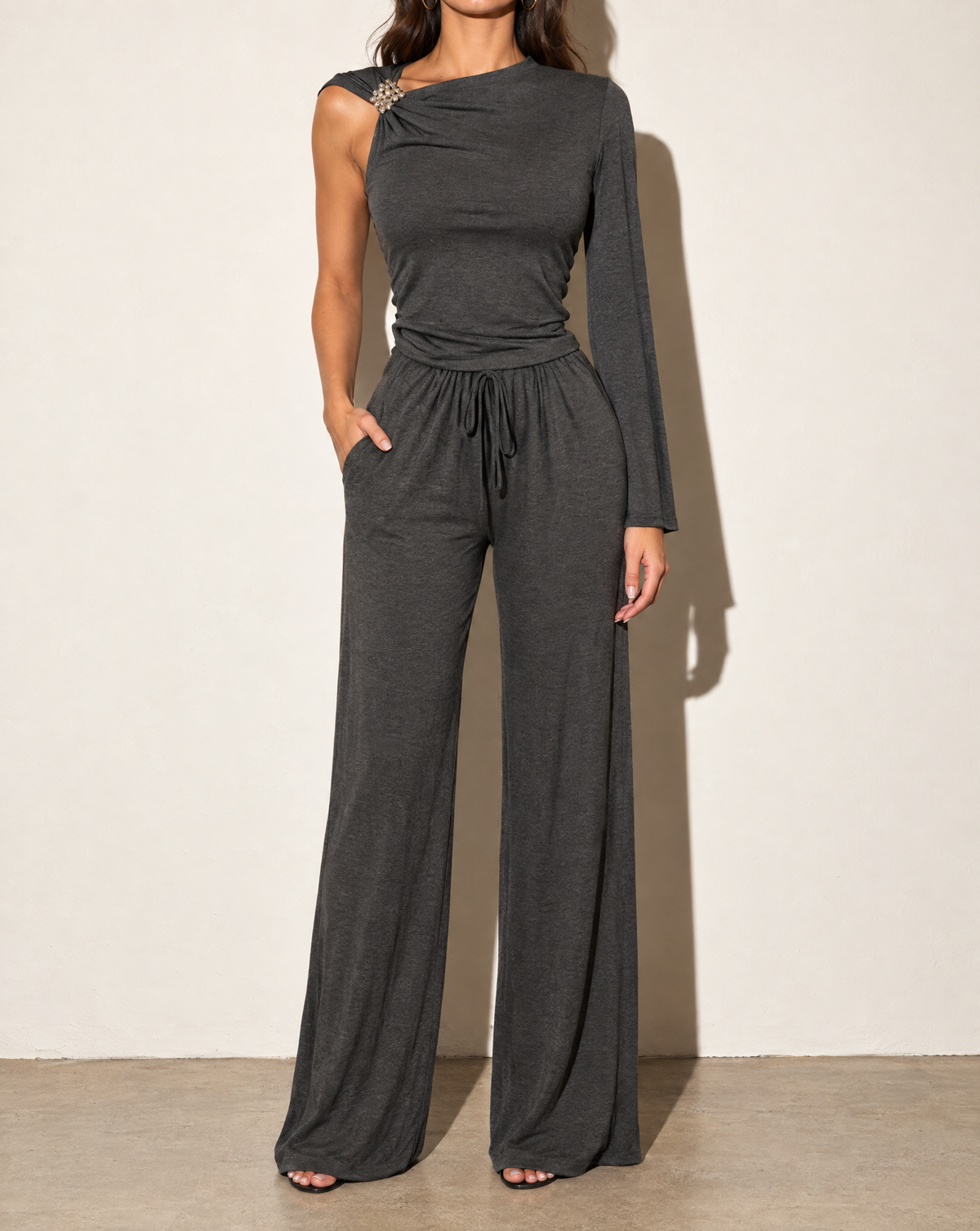 One Sleeve Top & Wide Leg Pants Set in Charcoal — front view