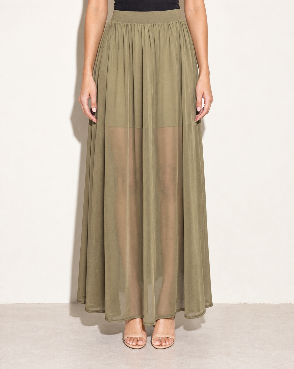 Sheer Mesh Maxi Skirt With Shorts Lining in Olive — front view