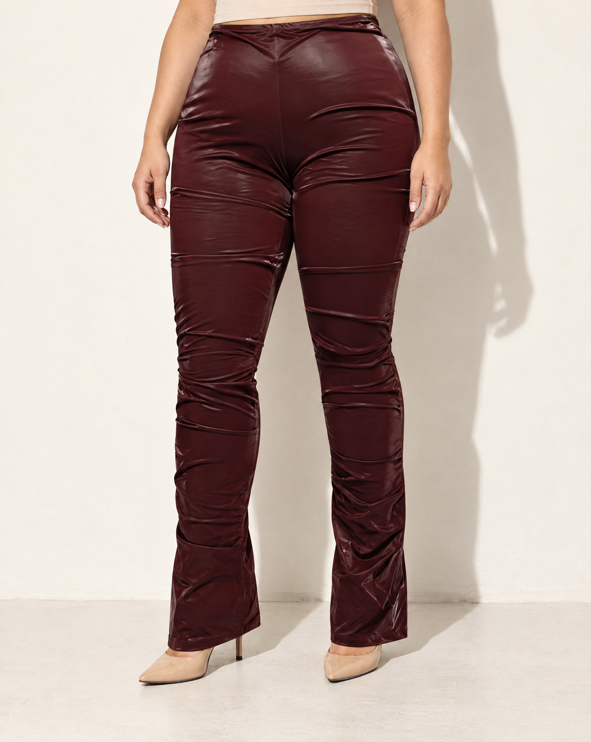 Plus Size Velvet PU Ruched Pants in Burgundy — alternate front view