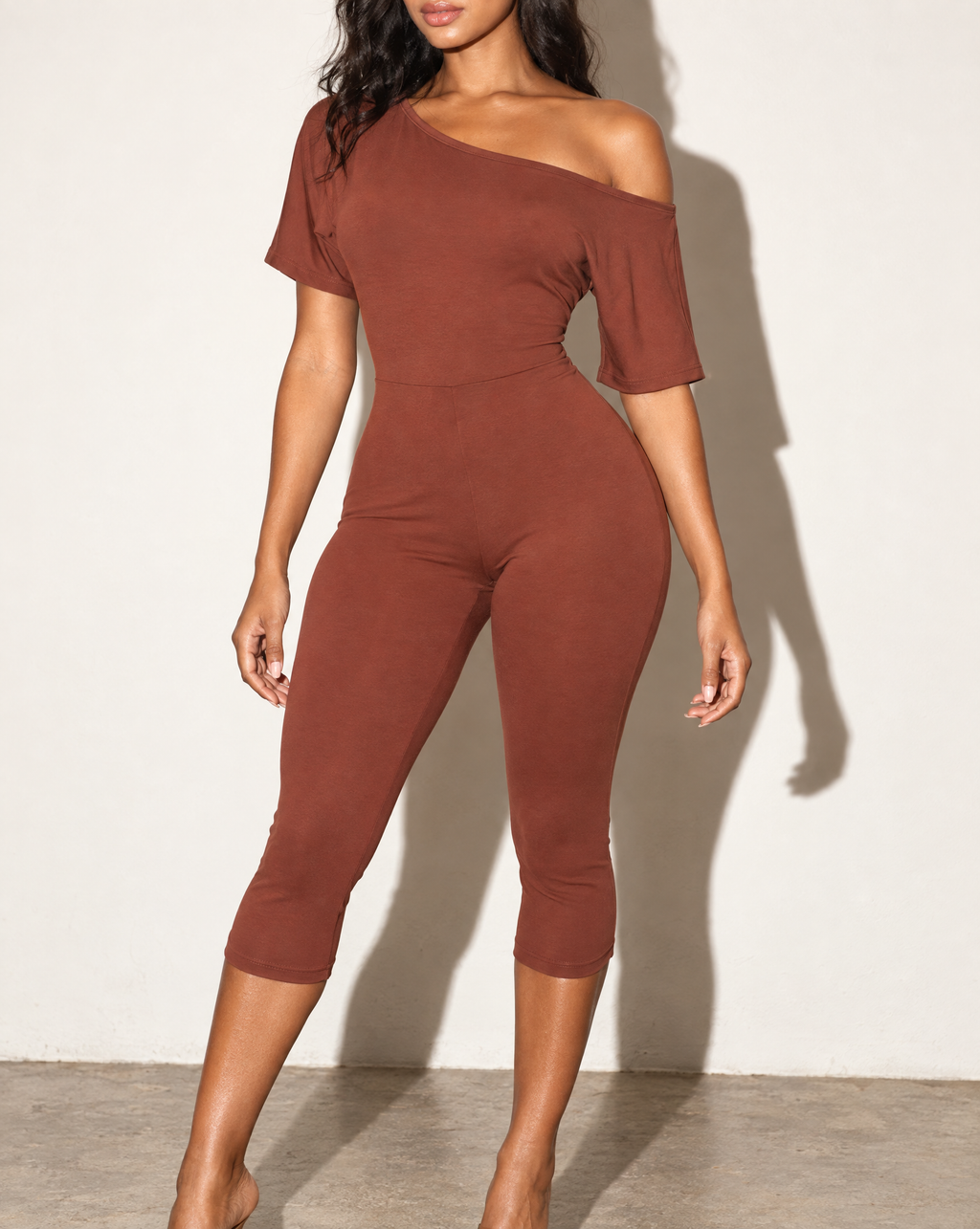 One Off Shoulder Capri Jumpsuit in Burgundy — alternate front view