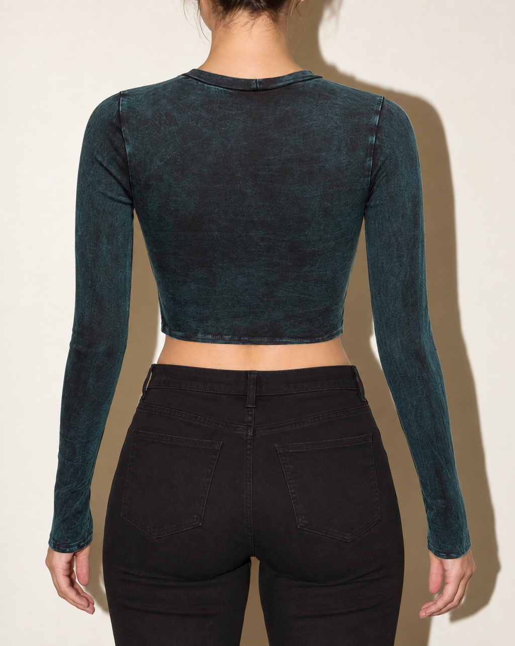 Washed Fringe Front Detailed Long Sleeve Top in DK TEAL — back view