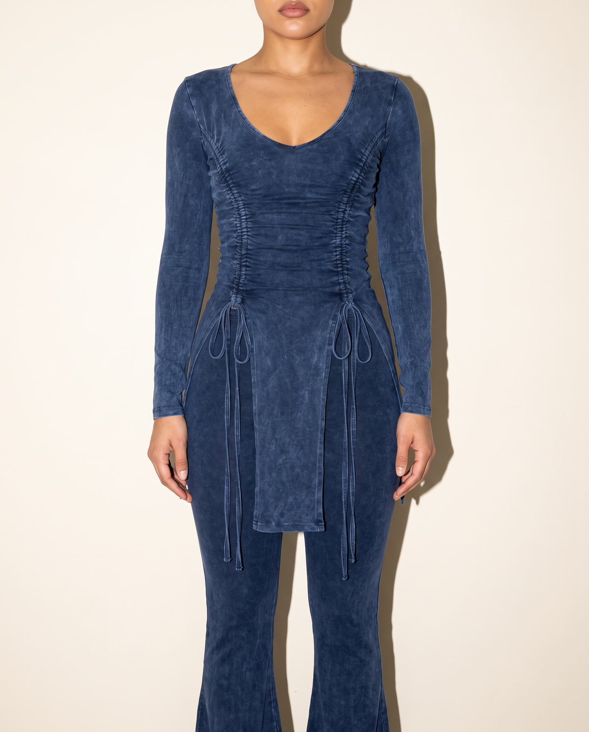 Mineral Washed Long Sleeve Bell Bottom Pants Set in Navy — front view
