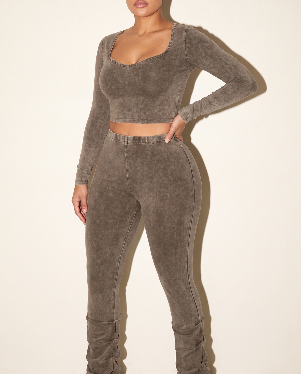 Mineral Washed Top & Ruched Hem Detailed Pants in Brown — alternate front view