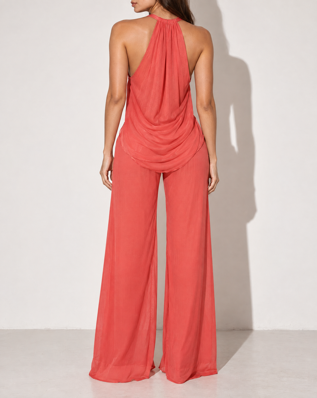 Deep Cowl Neck Sleeveless Top & Pants Set in CARROT — back view