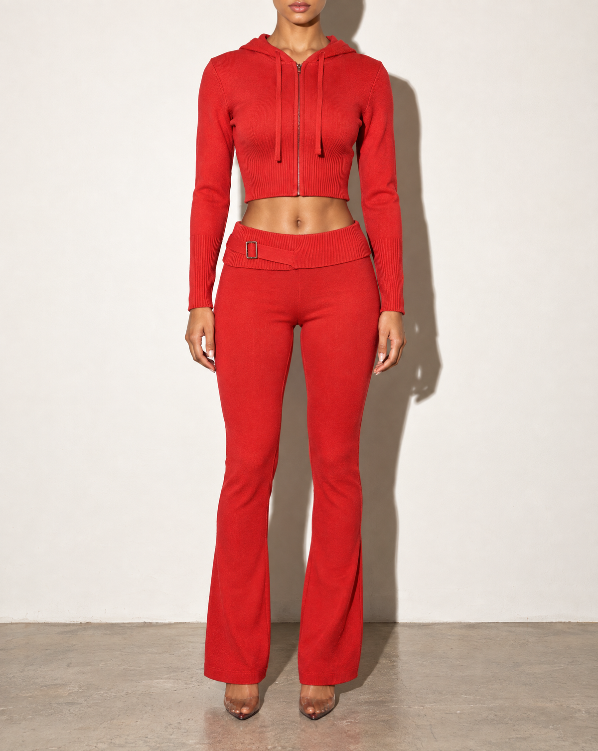 Hoodie Zip Up Top & Pants Set in Red — front view