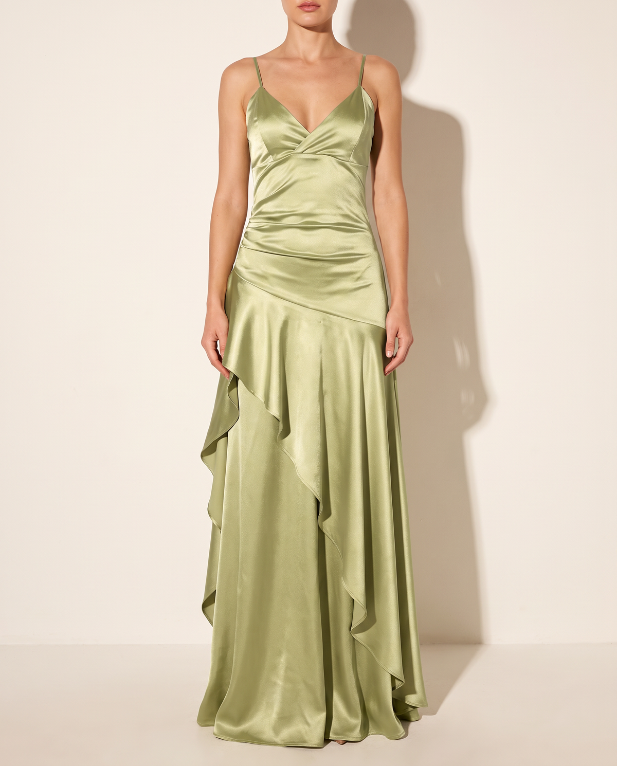 Ruffleddress Satin Maxi in SAGE — front view