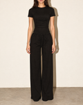 Shirring Detailed Shorts Sleeve Top & Pants Set in Black — front view