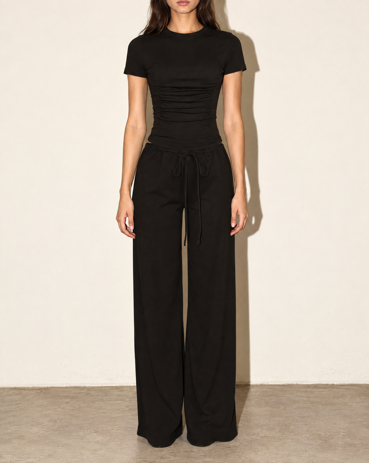 Shirring Detailed Shorts Sleeve Top & Pants Set in Black — front view