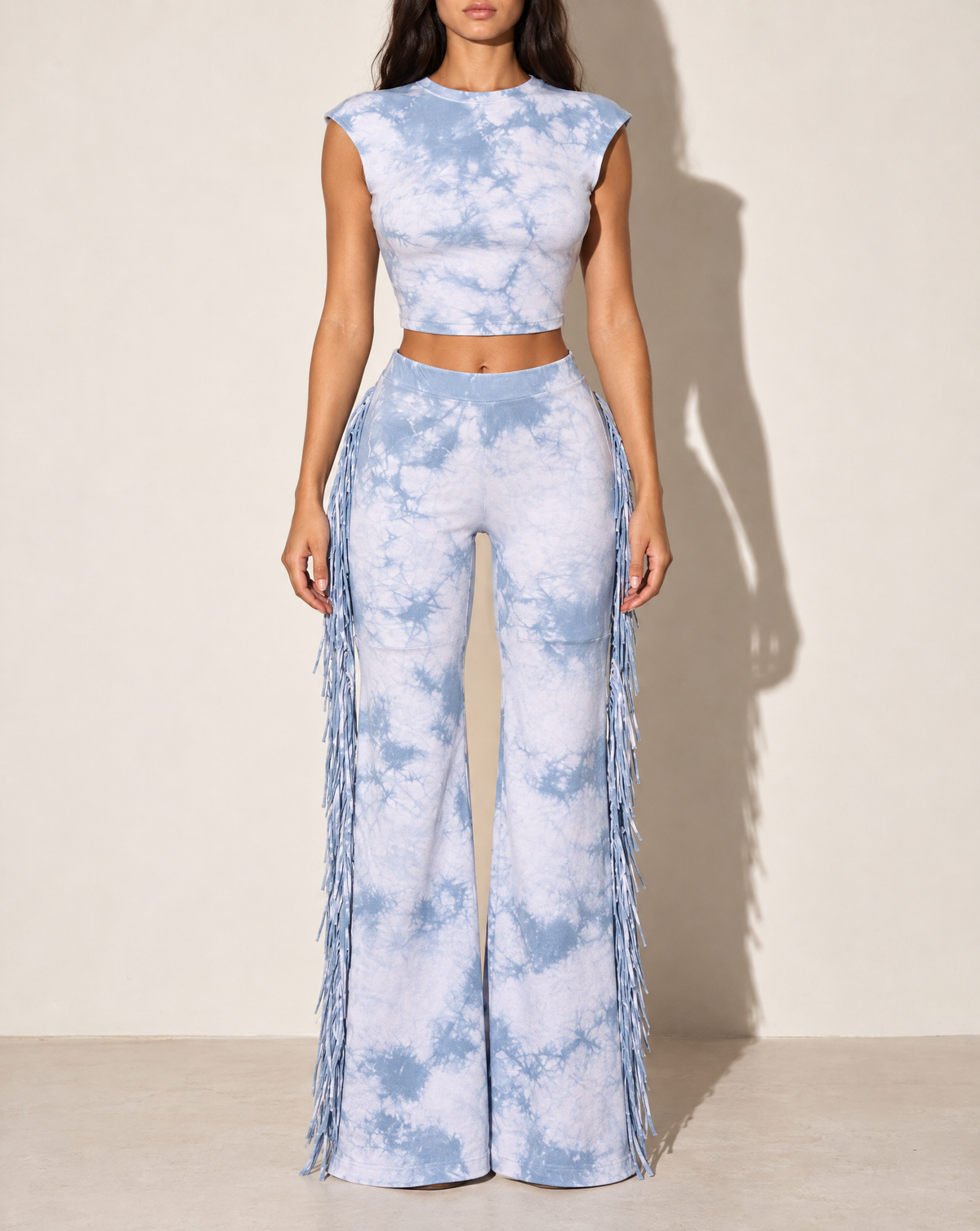 Elevated Marble Mineral Washed Fringe Pants Set in DUSTY BLUE — front view