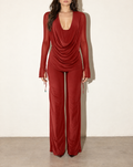 Cowl Neck Long Sleeve Top & Wide Leg Pants Set in Red — front view