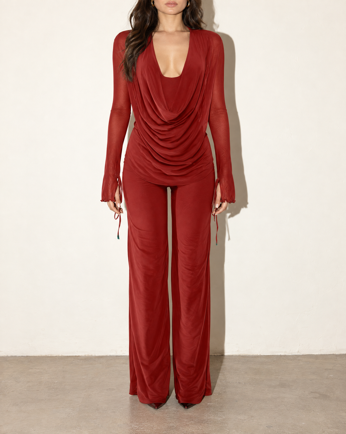 Cowl Neck Long Sleeve Top & Wide Leg Pants Set in Red — front view