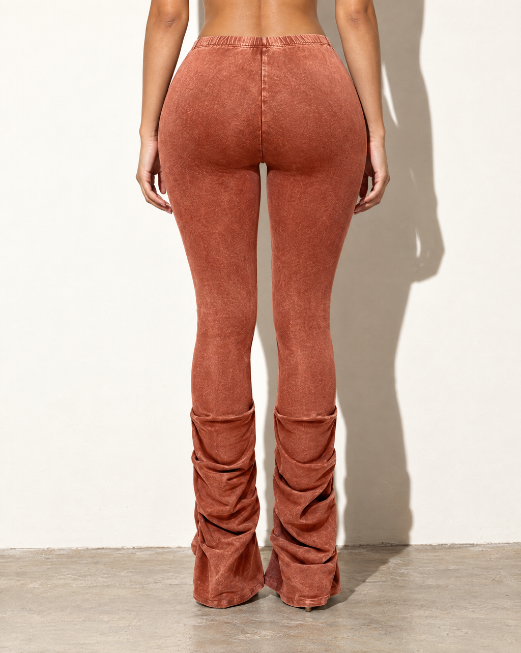 Mineral Washed Ruching Hem Detailed Pants in Rust — back view