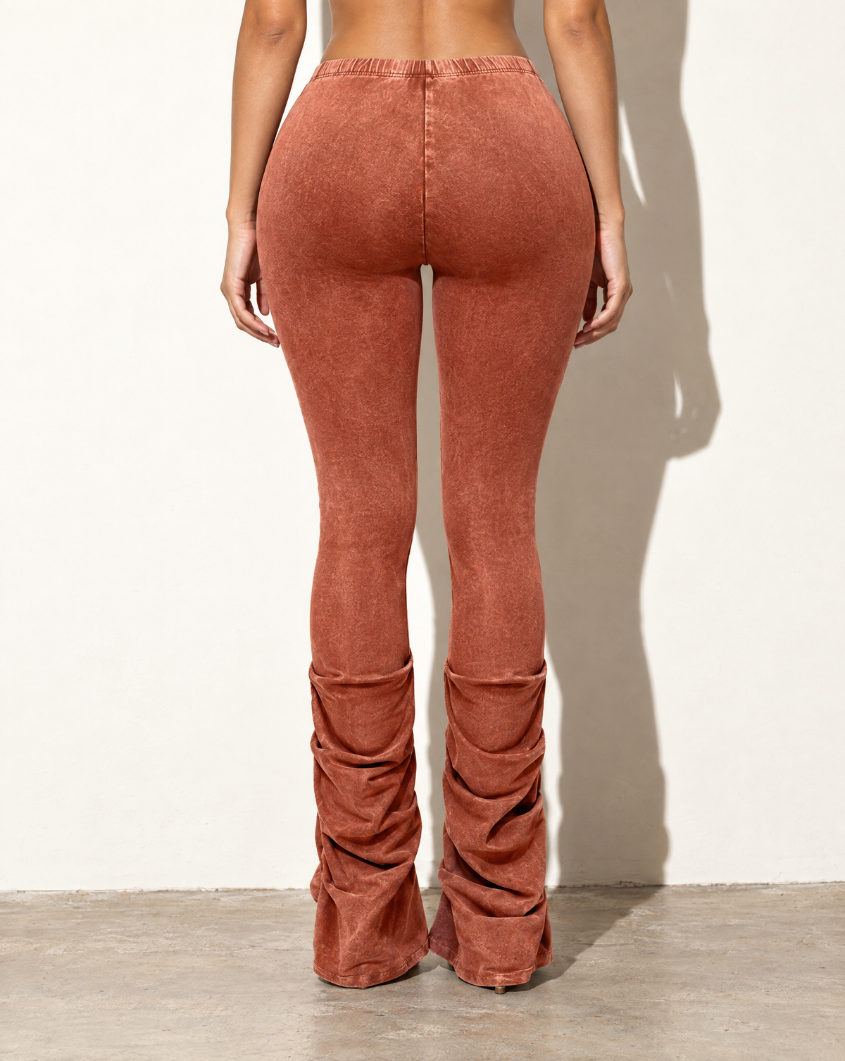 Mineral Washed Ruching Hem Detailed Pants in Rust — back view