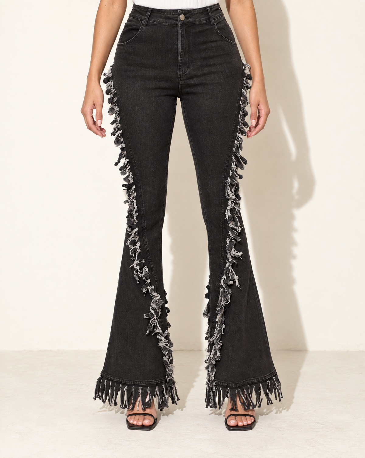 Distressed Fringe Denim Flared Pant in Grey — front view
