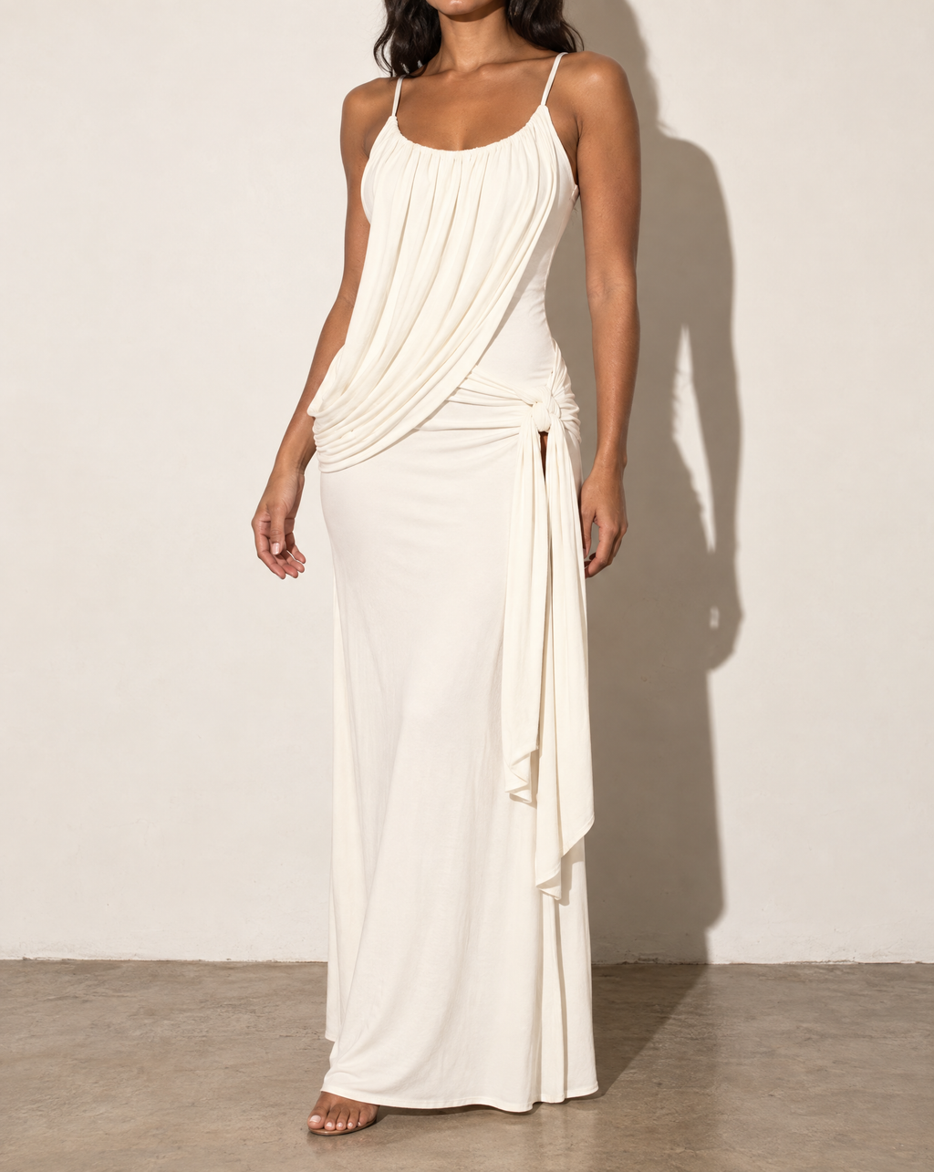 Drape Front & Tied Detailed Dress in Ivory — alternate front view