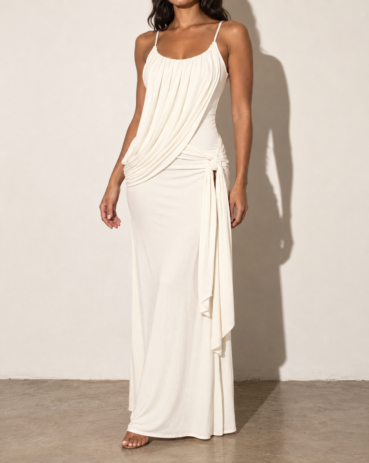 Drape Front & Tied Detailed Dress in Ivory — alternate front view