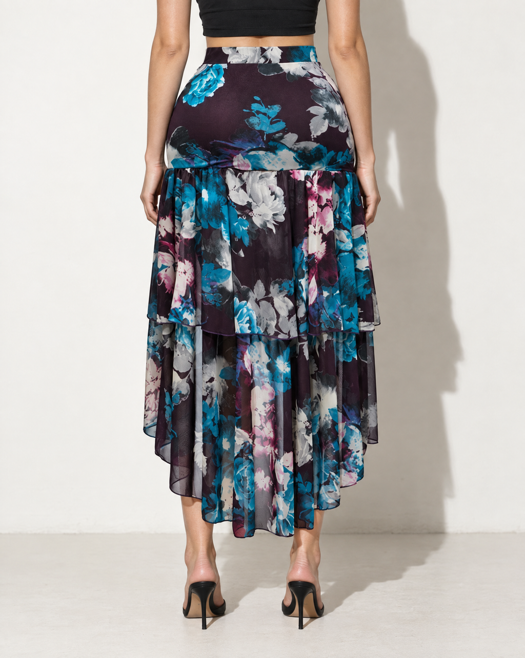Asymmetrical Hem Floral Skirt in PURPLE COMBO — back view