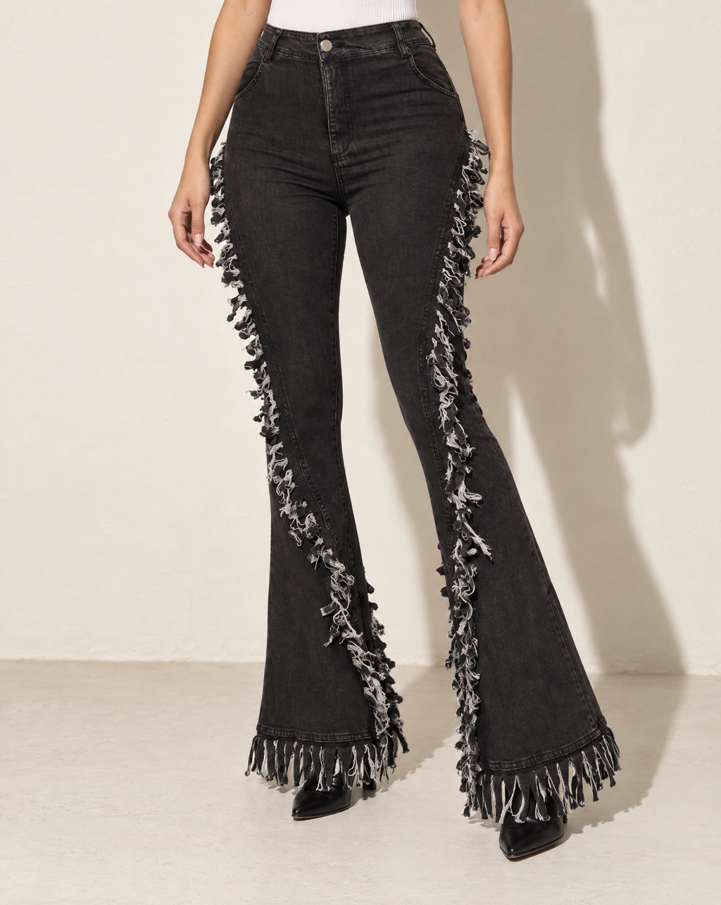 Distressed Fringe Denim Flared Pant in Grey — alternate front view