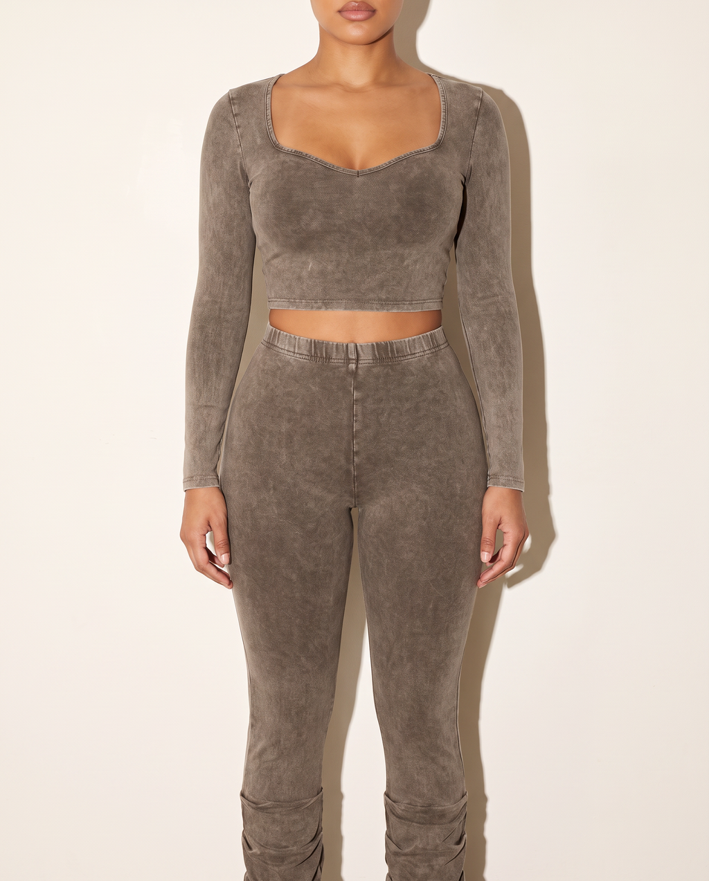Mineral Washed Top & Ruched Hem Detailed Pants in Brown — front view
